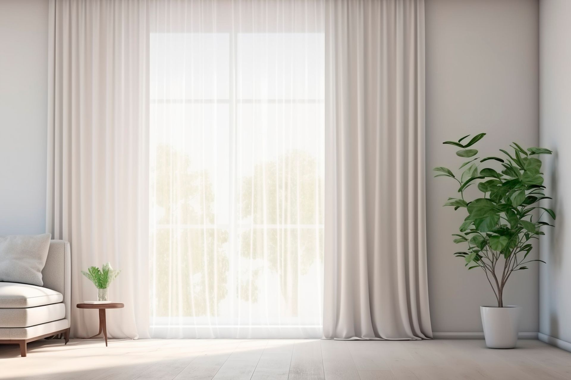 Living room with floor-length curtains and sheer drapes covering a large window, beside a gray sofa