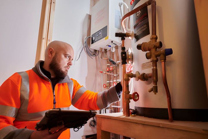 HVAC tech checking a boiler system in a basement.