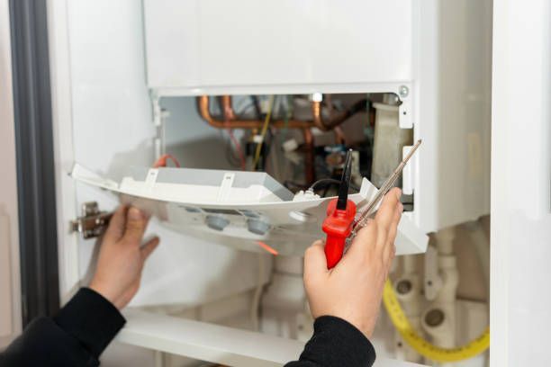 Technician repairing internal boiler pipes with pliers.