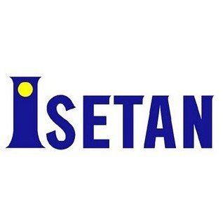 A blue and white logo for isetan on a white background