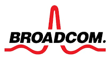 The broadcom logo is red and black with a wave in the middle.