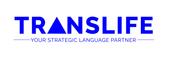 The logo for translife is blue and white and says `` your strategic language partner ''.