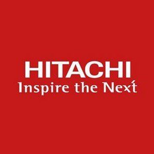 The hitachi logo is on a red background.