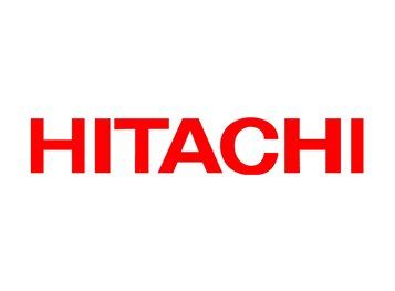 The hitachi logo is red and white on a white background.