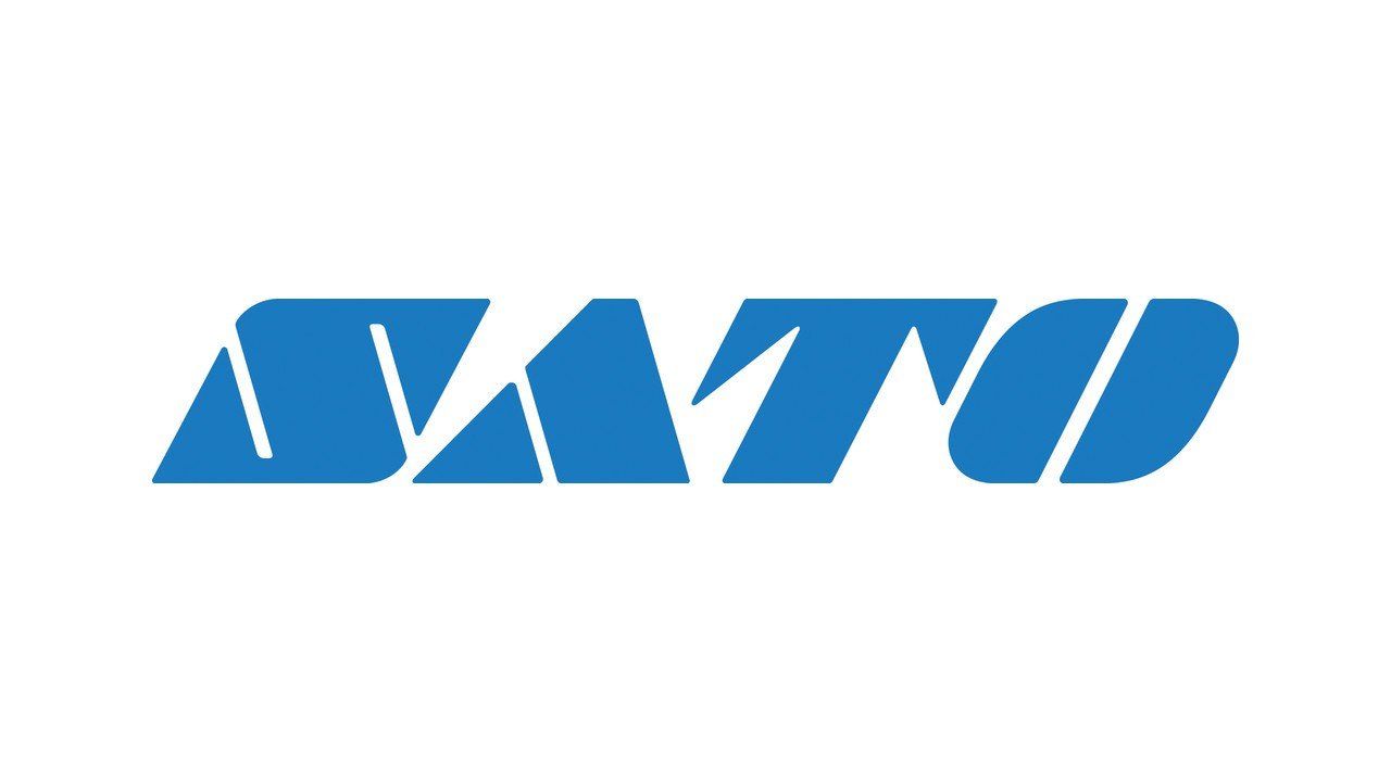 The sato logo is blue and white on a white background.
