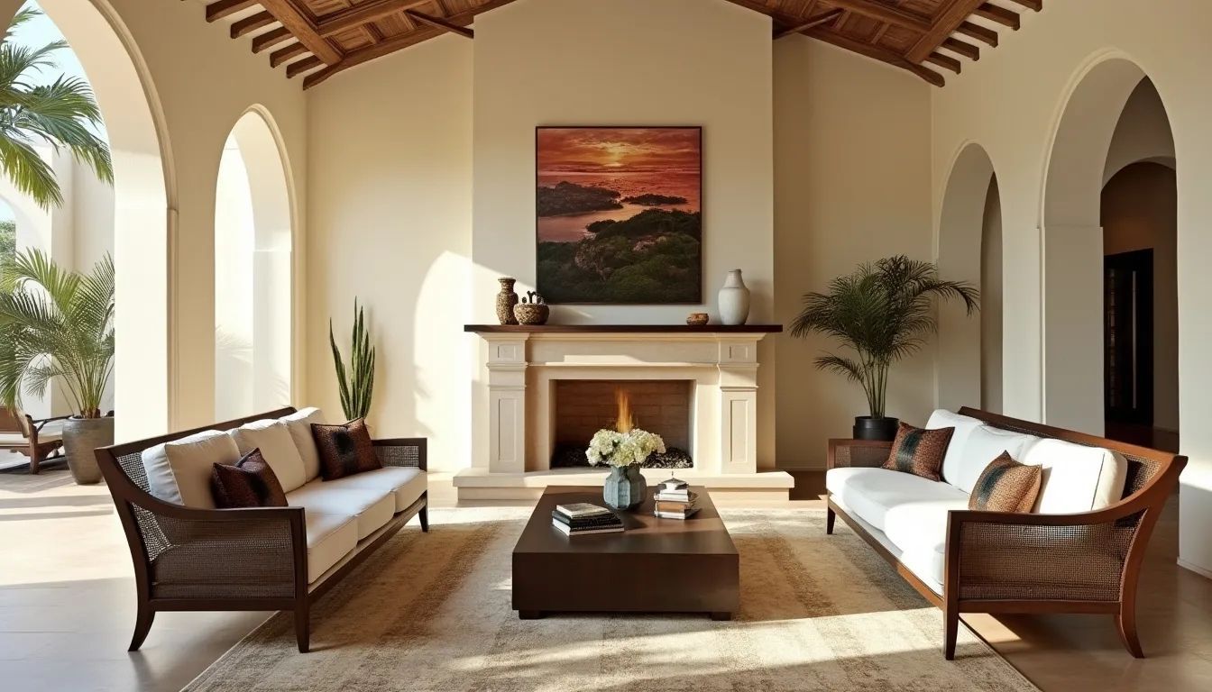 A living room with a fireplace and a painting on the wall