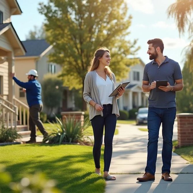 A man and a woman are walking down a sidewalk in front of a house.