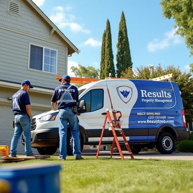 A blue and white results van is parked in front of a house