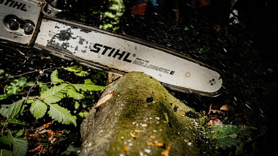 A chainsaw is sitting on top of a rock in the woods.