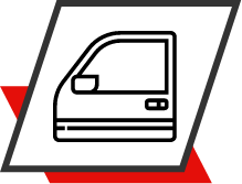 Contorno preto de uma porta de carro sobre fundo branco, dentro de um losango com contorno preto e vermelho.