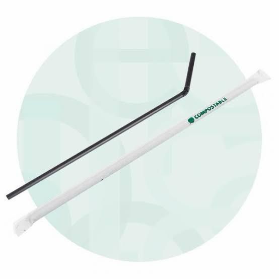 Due cannucce di plastica, una nera curva e una trasparente dritta, su uno sfondo circolare verde chiaro.