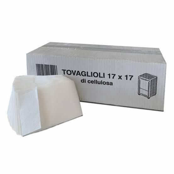 Confezione di asciugamani di cellulosa bianca con scatola etichettata “Tovaglioli 17 x 17 di cellulosa”