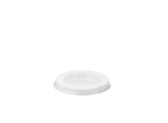 Coperchio circolare in plastica bianca su sfondo bianco uniforme