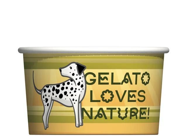 Coppetta di gelato gialla con la scritta