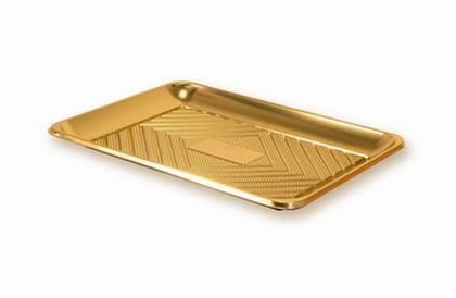 Vassoio rettangolare color oro con fondo testurizzato e bordi rialzati.