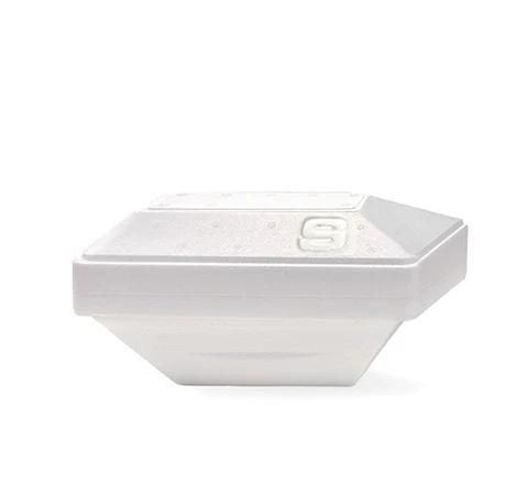 Contenitore per alimenti esagonale in plastica bianca con coperchio trasparente e logo in rilievo sulla parte superiore.