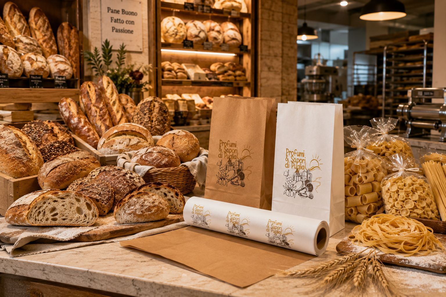 Baguette in un sacchetto di carta su un tavolo di legno scuro
