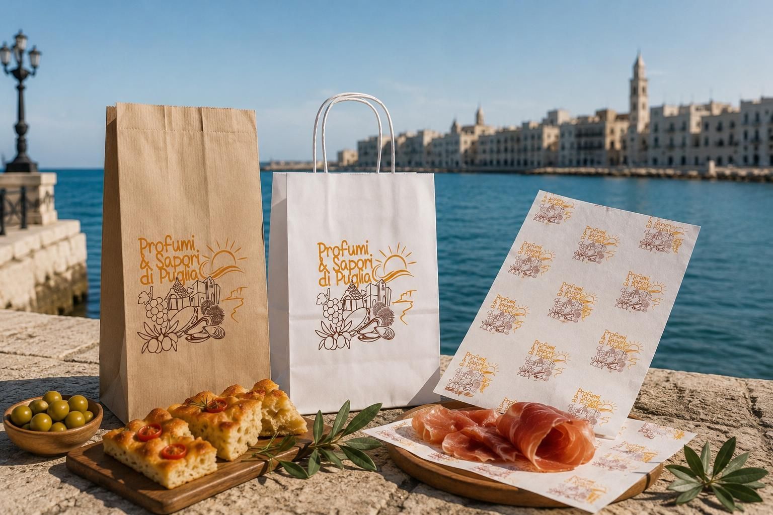 Sacchetto di carta con baguette rustiche su uno sfondo scuro e texturizzato.