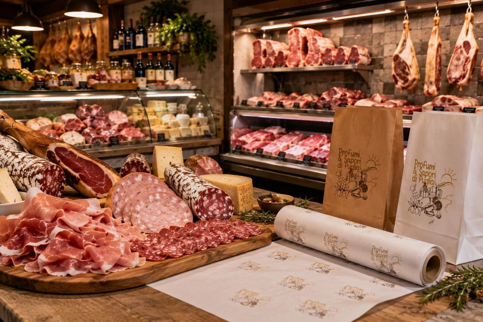 Mani che servono salsicce affettate avvolte in carta bianca presso una bancarella del mercato, con vassoi di carne sullo sfondo.