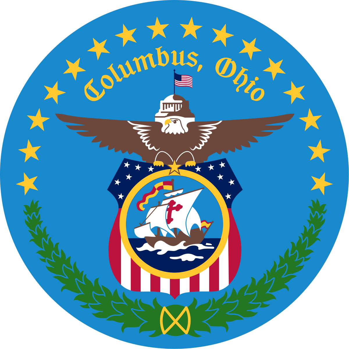 The coat of arms of columbus ohio with an eagle and a ship
