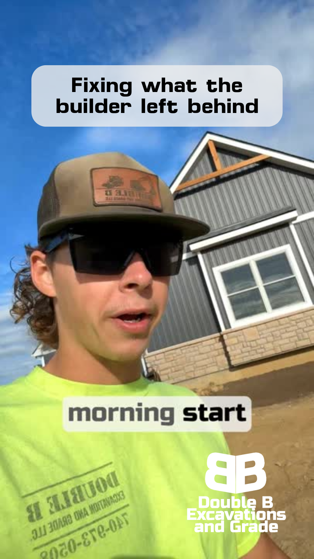 Man in sunglasses in front of a house, text reads