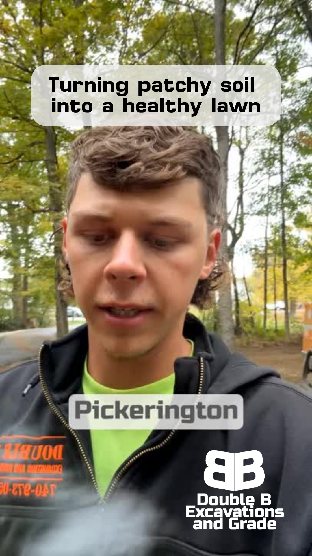 Man in black jacket talking; text overlays: