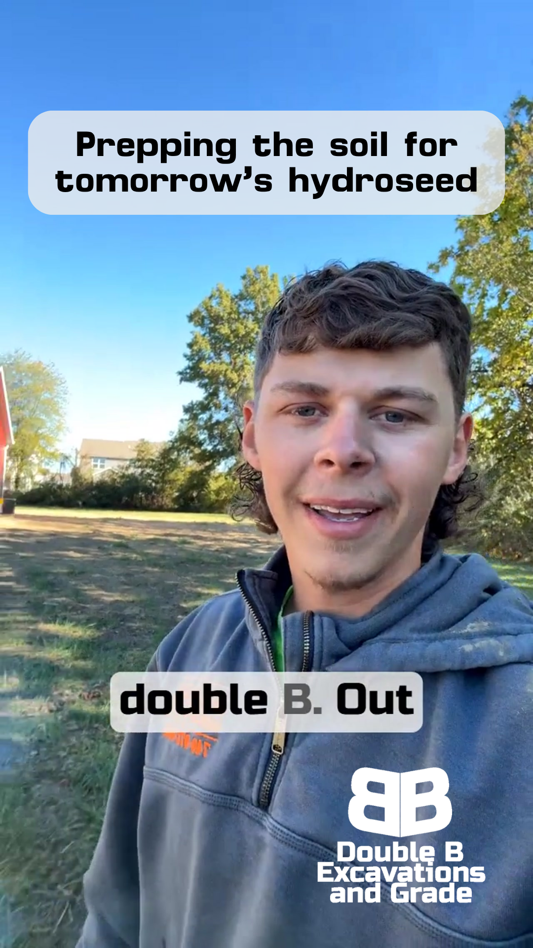 Man preparing soil for hydroseeding. Outdoors with text