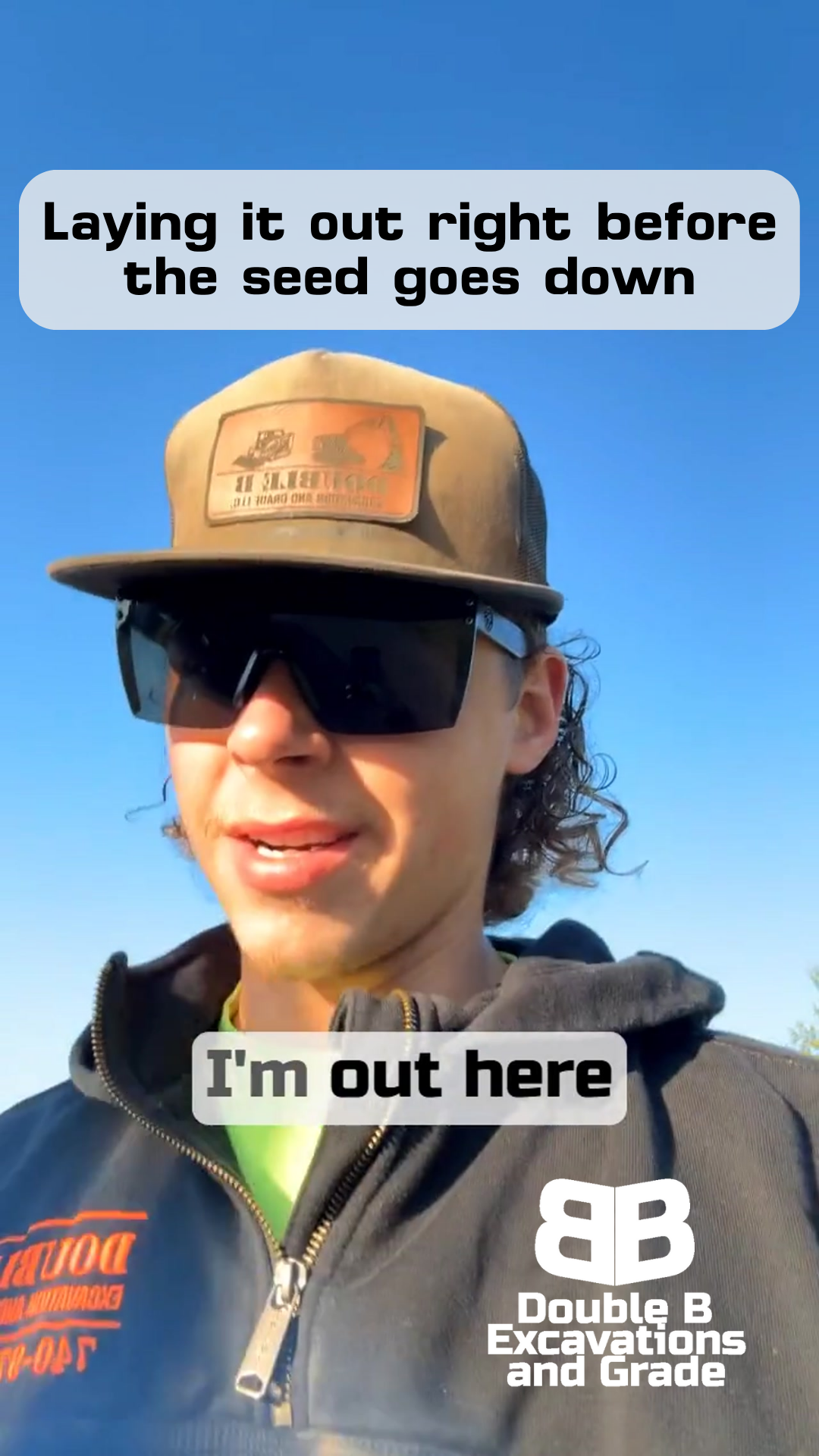 Man in cap and sunglasses, outside, preparing for seeding. Text overlay says 