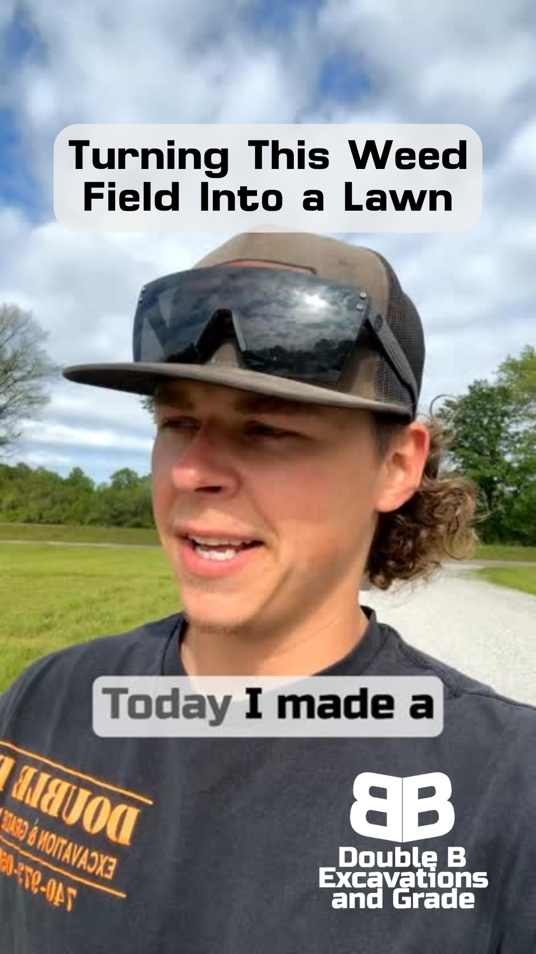 A man wearing a hat and sunglasses is talking about turning a weed field into a lawn.