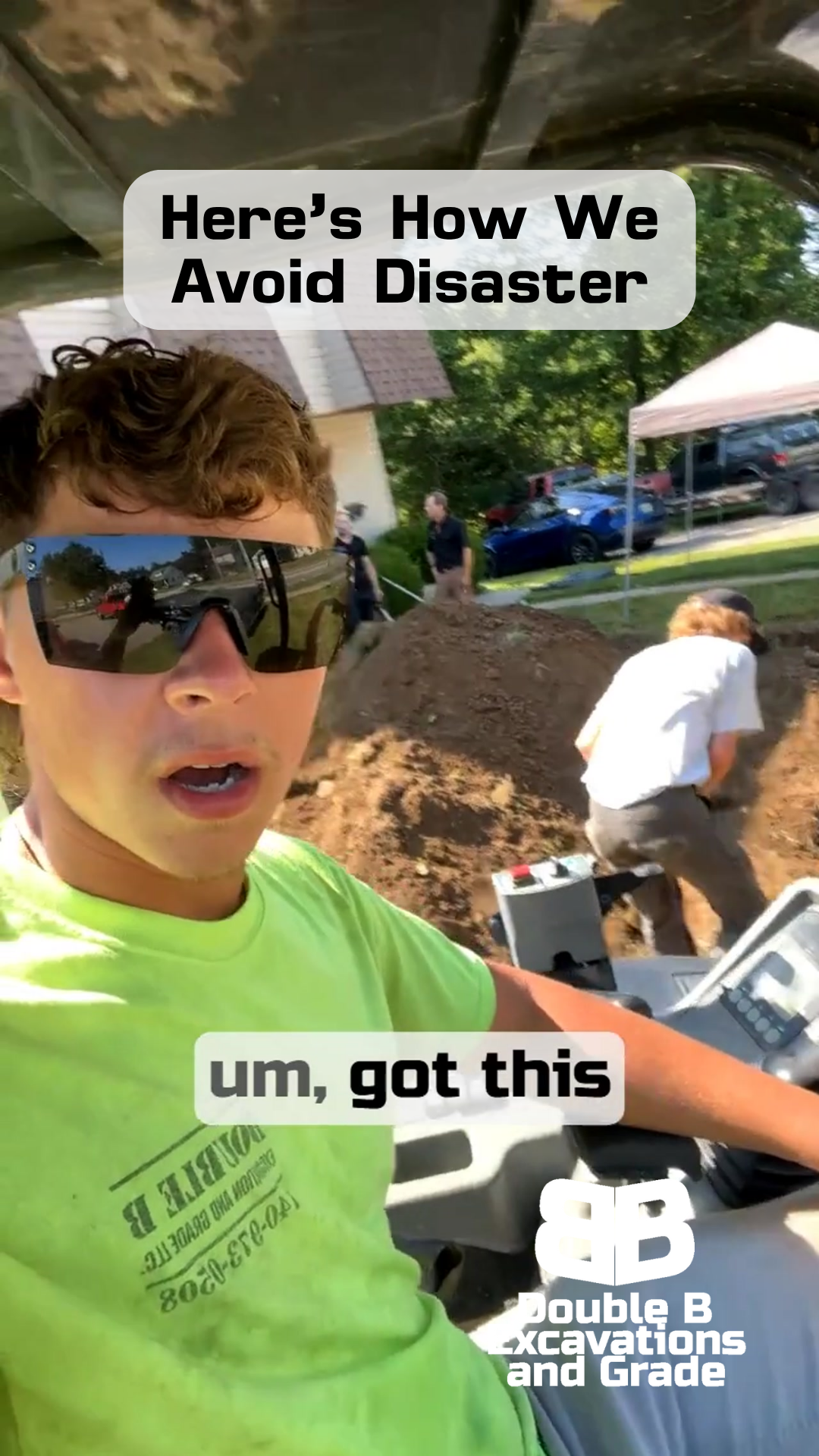 A man wearing sunglasses and a neon green shirt is standing in front of a pile of dirt.