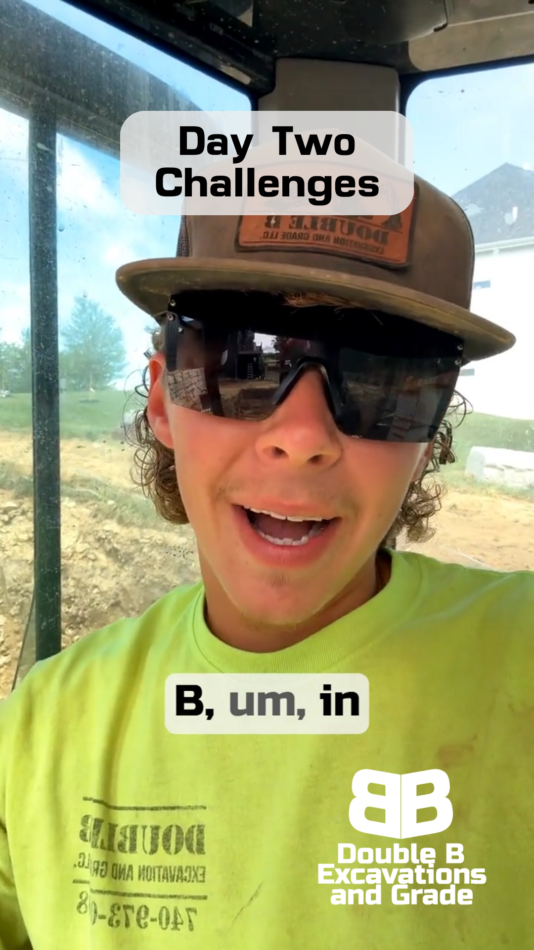 Man in work clothes and sunglasses, inside a vehicle, saying