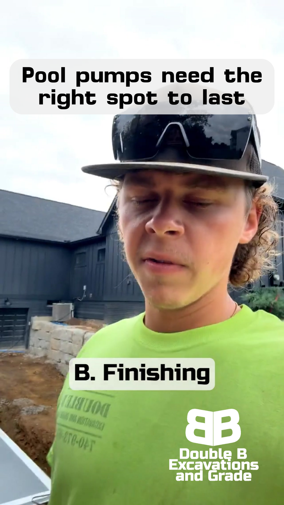 A man in a neon shirt and hat discusses pool pump placement. Text overlays read