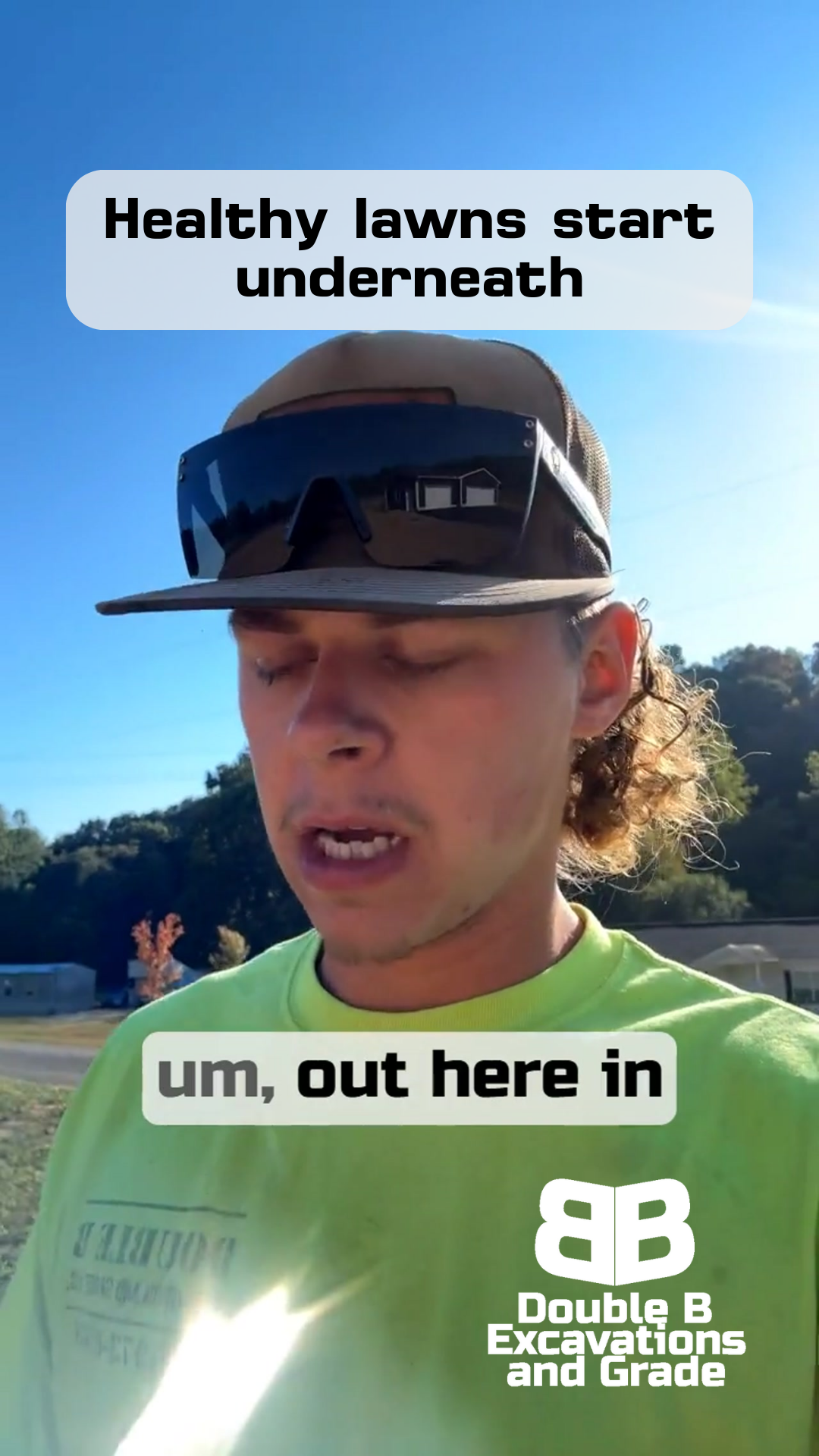 Man in cap and sunglasses outdoors talking about lawn care. Text: