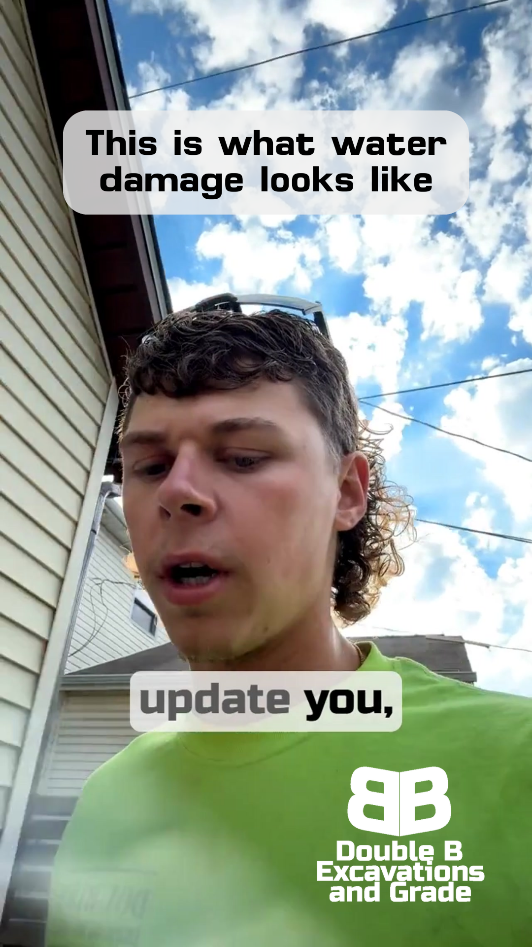 A man with a mullet describes water damage. Text overlays: 