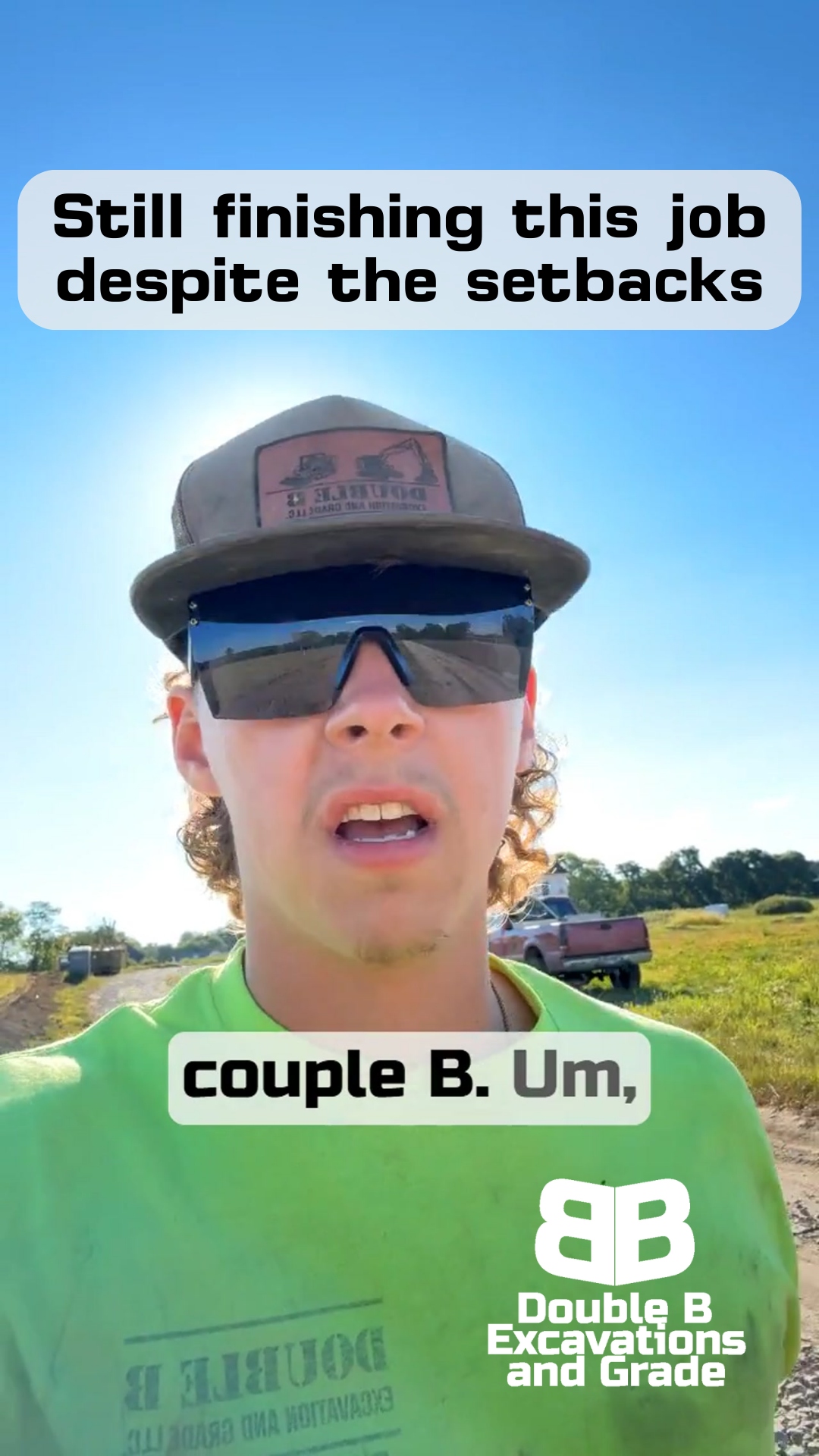 Man in sunglasses and hat, outdoors, saying