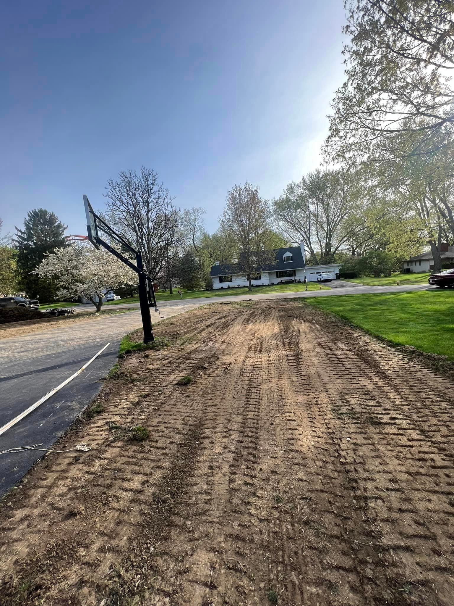 A dirt road leading to a basketball hoop in a park.