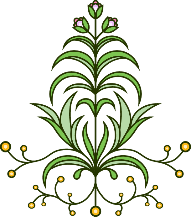 A symmetrical floral illustration in shades of green with yellow buds and pink-tipped flowers on a white background.