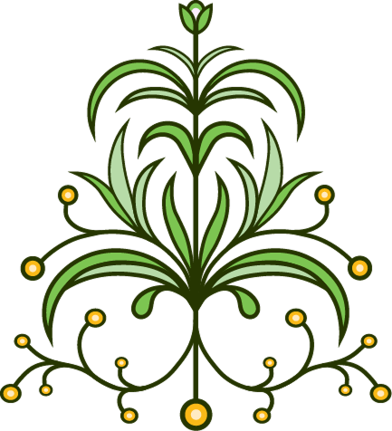 A symmetrical, stylized botanical illustration featuring green leaves and delicate yellow-tipped, curling stems.