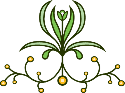 A symmetrical botanical illustration featuring a central green floral element above a stylized, branching vine with yellow berries.