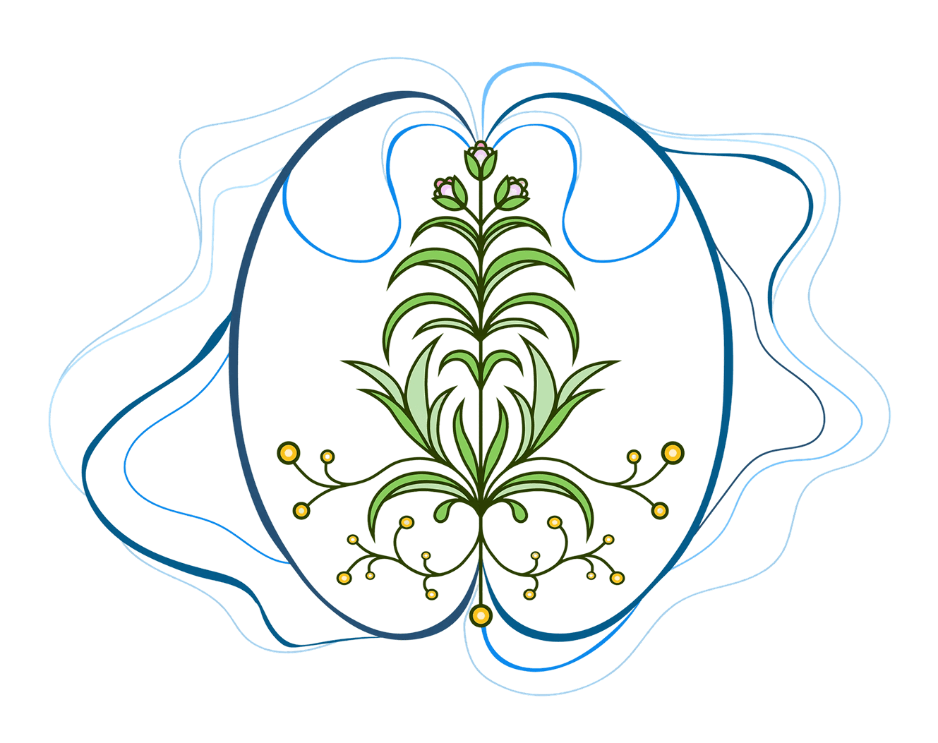 A stylized green floral illustration centered within a blue oval frame with swirling decorative line art.