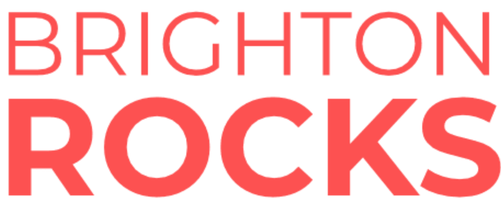 The logo for brighton rocks is blue and white on a white background.