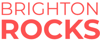 The logo for brighton rocks is blue and white on a white background.