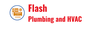 Logo for Flash Plumbing and HVAC featuring a graphic of HVAC equipment. The text is in red.