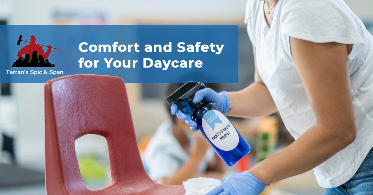 Daycare chairs being sprayed and wiped by a professional cleaner