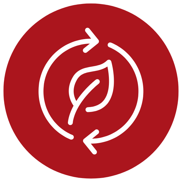 An icon of a leaf and two arrows in a red circle representing eco-friendly products