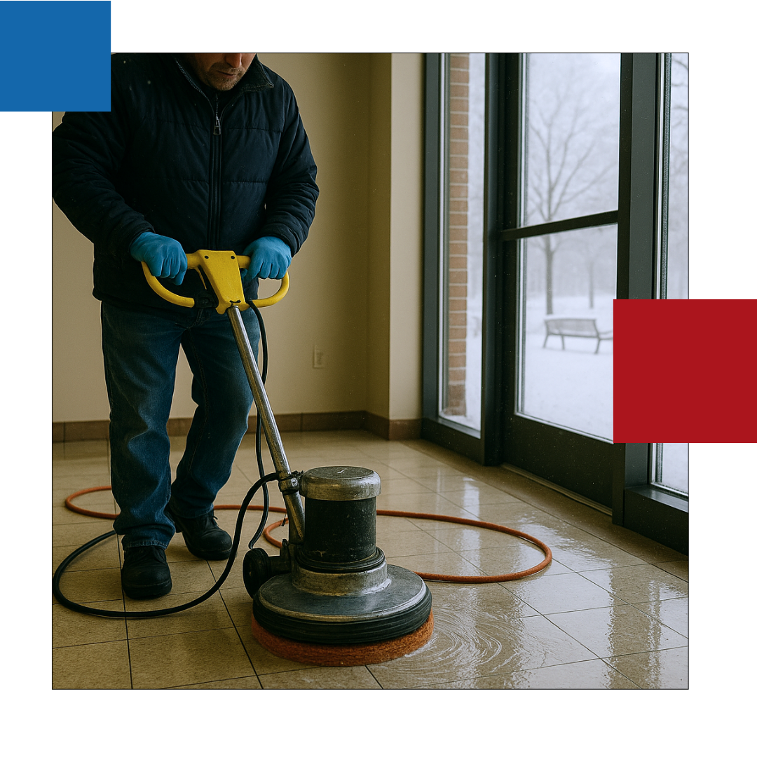 A man is doing floor stripping during winter