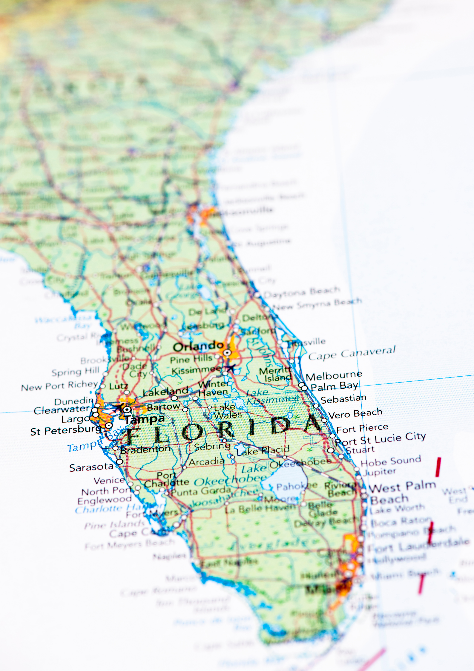 close up focused image of Florida map