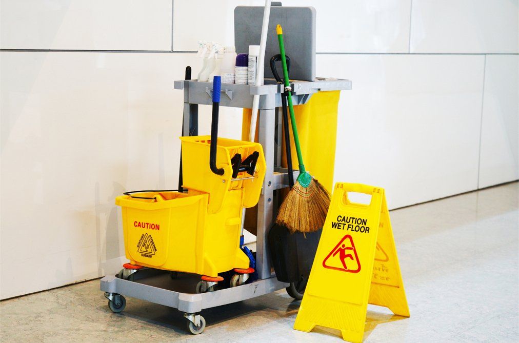 Fully equipped cleaning materials in cart for office cleaning