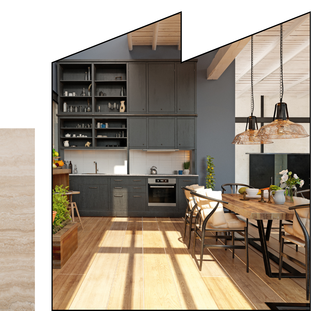 A kitchen with black cabinets and wooden floors