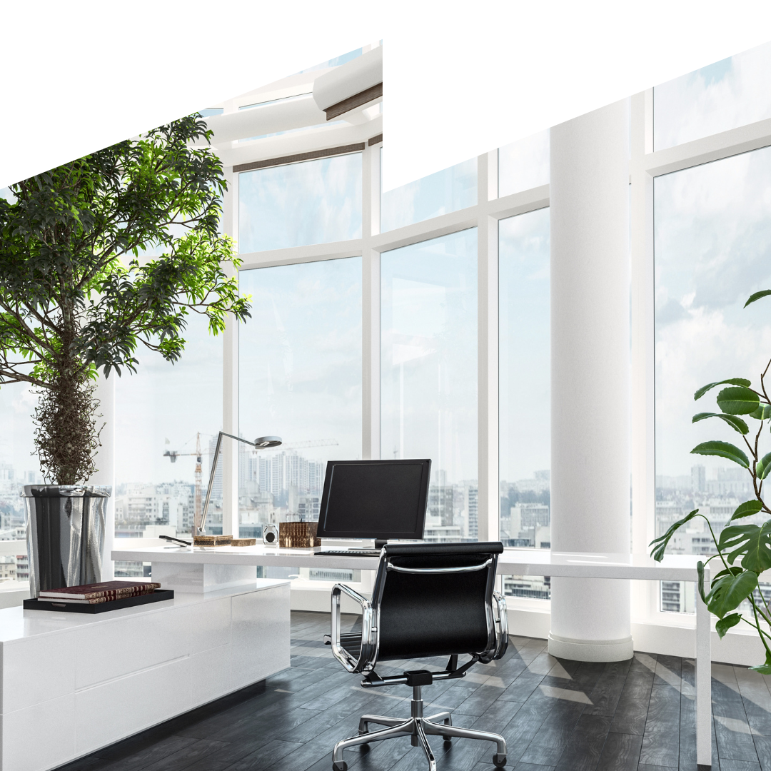 An office room with a desk , chair , computer and potted plant.